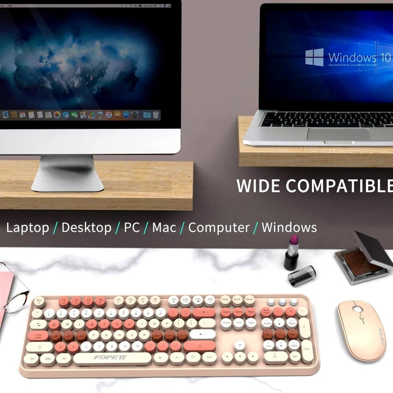 FD Wireless Keyboard and Mouse Combo | Cute Colorful Keyboard and Mouse with 2.4GHz Cordless Retro Typewriter Keyboard | Auto-Sleep | USB Receiver for Windows PC/Laptop - Creamy Colorful - Image 3